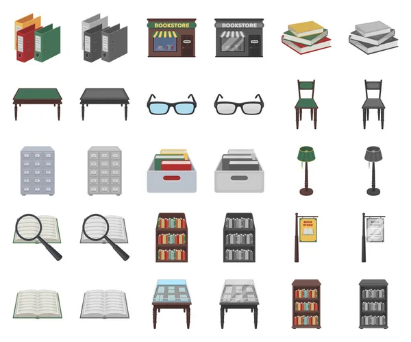 Knihkupectví a knihovny kreslené vtipy, monochrom ikony v nastavení kolekce pro design. Knih a vybavení vektorové ilustrace symbolů akcií web. — Stockový vektor