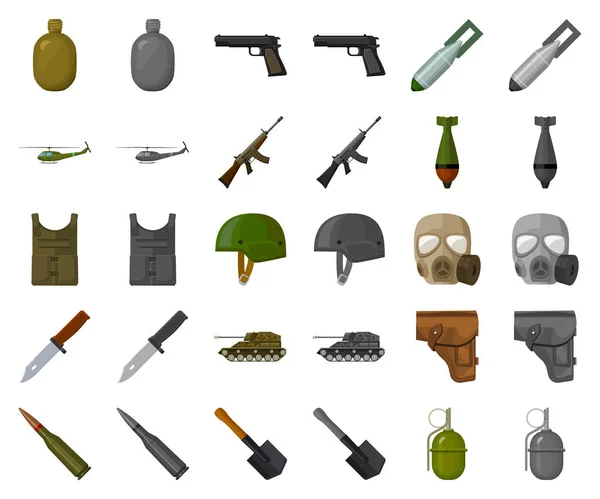 Armén och rustningen tecknad, monochrom ikoner i set samling för design. Vapen och utrustning vektor symbol lager web illustration. — Stock vektor