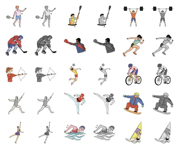 Verschillende soorten sport tekenfilm, monochrom pictogrammen in set collectie voor design. Atleet, wedstrijden vector symbool voorraad web illustratie. — Stockvector