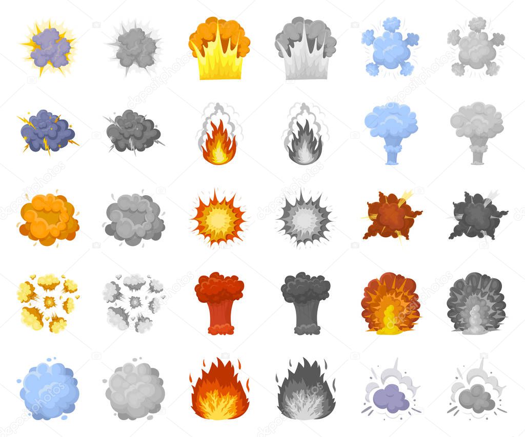 Different explosions cartoon,monochrom icons in set collection for design.Flash and flame vector symbol stock  illustration.