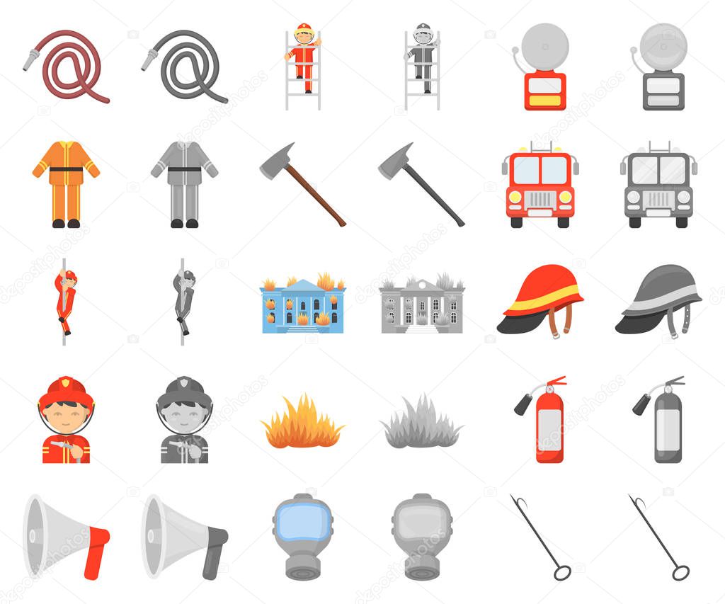 Fire Department cartoon,monochrom icons in set collection for design. Firefighters and equipment vector symbol stock web illustration.