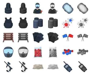 Paintball, takım oyunu çizgi film, set koleksiyonu tasarım için monochrom simgeler. Ekipman ve kıyafet sembol stok web illüstrasyon vektör.