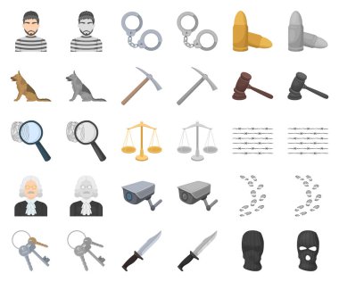Hapishane ve ceza karikatür set koleksiyonu tasarım için monochrom simgeler. Hapishane ve öznitelikleri sembol stok web illüstrasyon vektör.