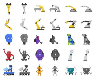 Robot ve fabrika simge vektör Illustration. Web için robot ve uzay hisse senedi simgesi kümesi.