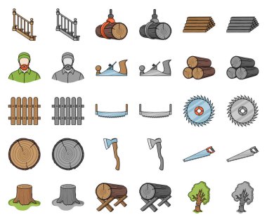 Kereste ve ahşap çizgi film, monochrom simgeler toplama tasarımı için ayarlayın. Donanım ve araçlar sembol stok web illüstrasyon vektör.