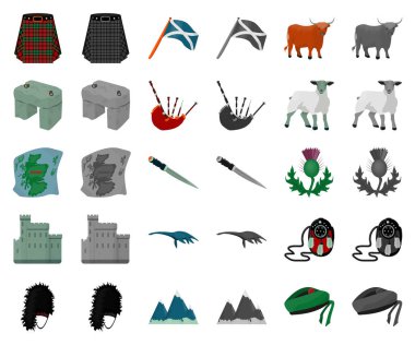 Ülke İskoçya çizgi film, monochrom simgeler toplama tasarımı için ayarlayın. Gezi, kültür ve gelenek sembol stok web illüstrasyon vektör.