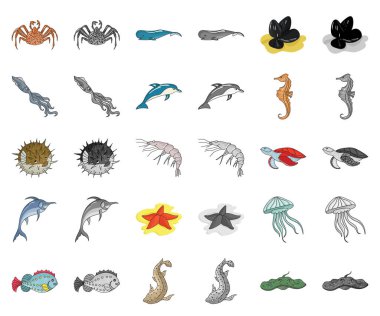 Çeşitli deniz hayvanları karikatür, monochrom simgeler toplama tasarımı için ayarlayın. Balık ve kabuklu deniz ürünleri sembol stok web illüstrasyon vektör.