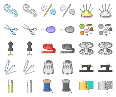 Dikiş, atelier çizgi film, set koleksiyonu tasarım için monochrom simgeler. Araç kiti vektör simge stok web çizim.