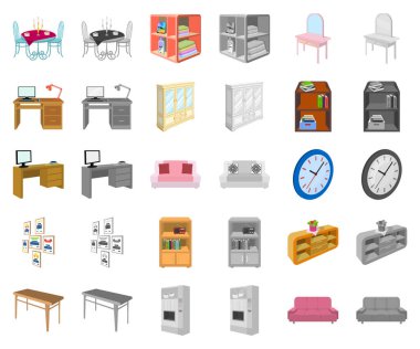 Mobilya ve iç çizgi film, set koleksiyonu tasarım için monochrom simgeler. Ev mobilyası izometrik sembol stok web illüstrasyon vektör.