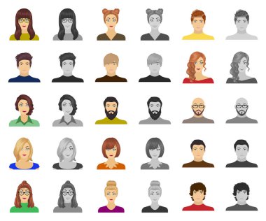 Avatar ve yüz çizgi film, monochrom simgeler toplama tasarımı için ayarlayın. Bir kişi görünümü vektör simge stok web çizim.