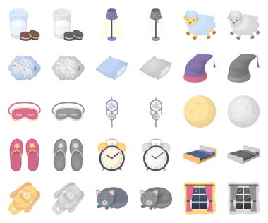 Dinlenme ve uyku çizgi film, monochrom simgeler toplama tasarımı için ayarlayın. Aksesuarlar ve konfor sembol stok web illüstrasyon vektör.