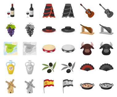 İspanya ülke çizgi film, monochrom simgeler toplama tasarımı için ayarlayın. Sembol stok web illüstrasyon vektör seyahat ve konumlar.