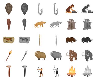 Taş Devri çizgi film, set koleksiyonu tasarım için monochrom simgeleri hayatta. Eski insanlar sembol stok web illüstrasyon vektör.