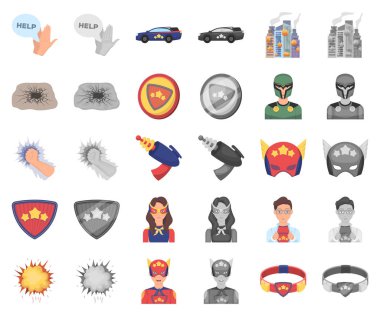 Harika süper kahraman çizgi film, set koleksiyonu tasarım için monochrom simgeler. Süper kahraman ekipman vektör simge stok web çizim.