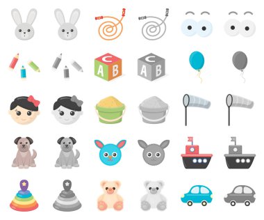 Çocuk çizgi film, set koleksiyonu tasarım için monochrom simgeleri oyuncak. Oyun ve önemsiz şey sembol stok web illüstrasyon vektör.