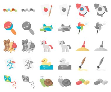 Çocuk çizgi film, set koleksiyonu tasarım için monochrom simgeleri oyuncak. Oyun ve önemsiz şey sembol stok web illüstrasyon vektör.