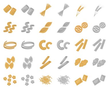 Types of pasta cartoon,monochrom icons in set collection for design. Figured macaroni for eating vector symbol stock web illustration. clipart