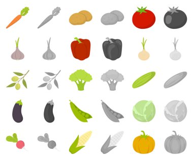 Sebze çeşitleri karikatür, set koleksiyonu tasarım için monochrom simgeler. Sembol stok web illüstrasyon vektör sebze ve vitaminler.