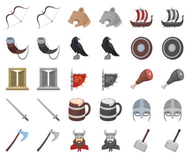 Vikingler ve öznitelikleri karikatür, set koleksiyonu tasarım için monochrom simgeler. Eski İskandinav savaşçı vektör simge stok web çizimi.