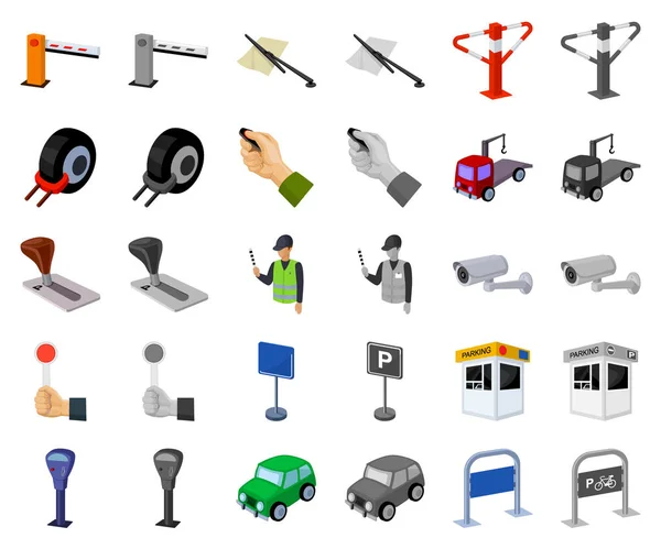 Estacionamento para carros desenhos animados, ícones monocromáticos em coleção de conjuntos para design. Ilustração web do estoque do símbolo do vetor do equipamento e do serviço . —  Vetores de Stock