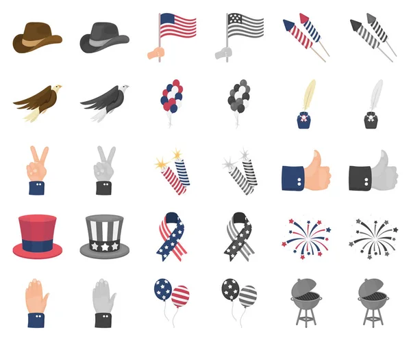 Dag van Patriot, vakantie tekenfilm, monochrom pictogrammen in set collectie voor design. Amerikaans traditie vectorillustratie symbool voorraad web. — Stockvector