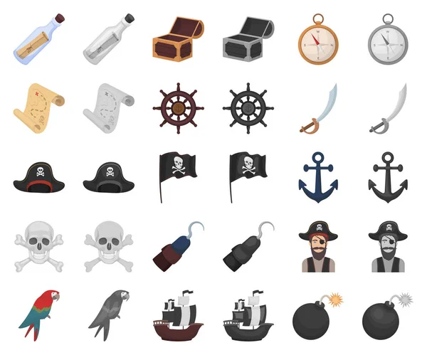 Pirata, caricatura ladrón de mar, iconos monocromáticos en la colección de conjuntos para el diseño. Tesoros, atributos vector símbolo stock web ilustración . — Vector de stock