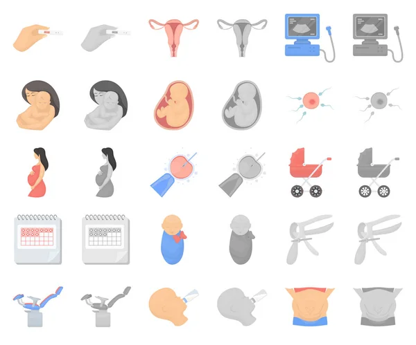 Kvinna och graviditet tecknad, monochrom ikoner i set samling för design. Gynekologi och utrustning vektor symbol lager web illustration. — Stock vektor