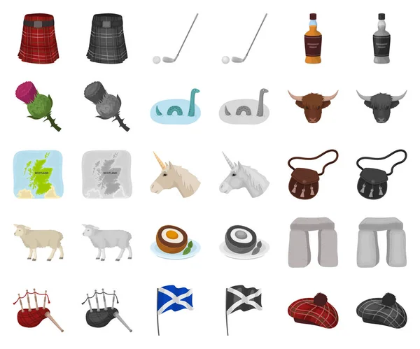 Cartone animato Country Scotland, icone monocromatiche nella collezione set per il design. Giro turistico, cultura e tradizione vettoriale simbolo stock web illustrazione . — Vettoriale Stock