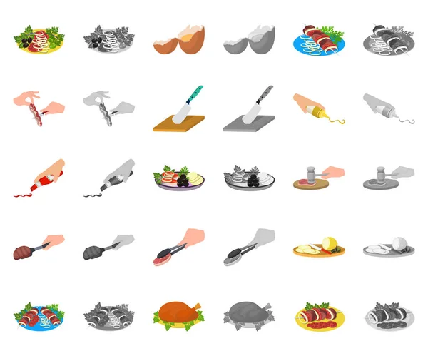 Cocina de dibujos animados de alimentos, iconos monocromáticos en la colección de conjuntos para el diseño. Cocina, equipo y herramientas vector símbolo stock web ilustración . — Vector de stock