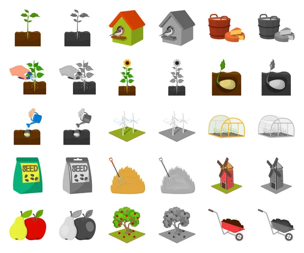 Gospodarstwa i rolnictwo rysunek, monochrom ikony w kolekcja zestaw do projektowania. Ogród i rośliny izometryczny wektor symbol akcji web ilustracja. — Wektor stockowy