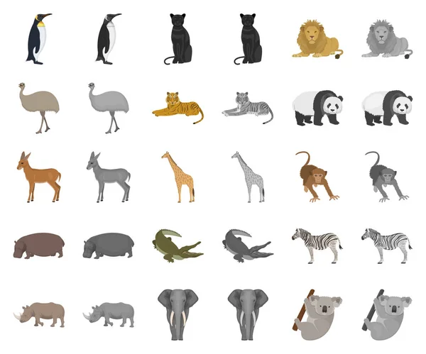 Olika djur tecknad, monochrom ikoner i set samling för design. Fågel, rovdjur och växtätare vektor symbol lager web illustration. — Stock vektor