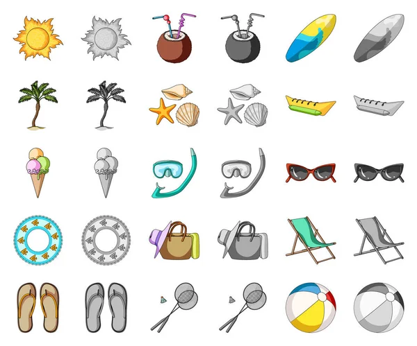 Yaz dinlenme çizgi film, set koleksiyonu tasarım için monochrom simgeler. Beach Aksesuar vektör simge stok web çizimi.