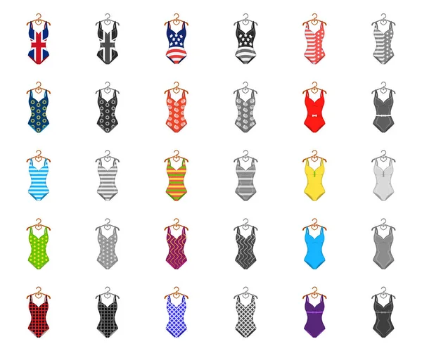 Verschillende soorten zwemkleding cartoon, monochrom pictogrammen in set collectie voor design. Zwemmen accessoires vector symbool voorraad web illustratie. — Stockvector