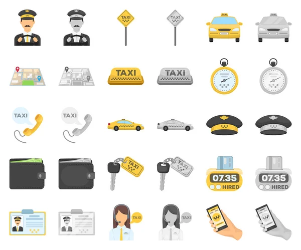 Servicio de taxi de dibujos animados, iconos monocromáticos en la colección de conjuntos para el diseño. Taxi conductor y vector de transporte símbolo stock web ilustración . — Vector de stock