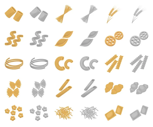 Tipos de desenhos animados de massas, ícones monocromáticos na coleção de conjuntos para design. Macarrão figurado para comer símbolo vetorial ilustração web . —  Vetores de Stock