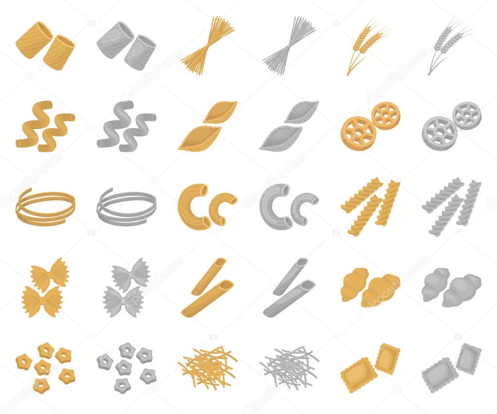 Types of pasta cartoon,monochrom icons in set collection for design. Figured macaroni for eating vector symbol stock web illustration.