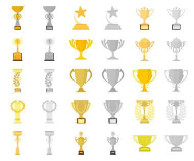 Gold Cup çizgi film, monochrom simgeler toplama tasarımı için ayarlayın. Kazananlar Kupası vektör simge stok web çizim.