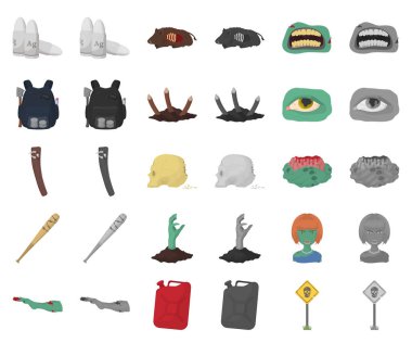 Zombiler ve öznitelikleri çizgi film, monochrom simgeler toplama tasarımı için ayarlayın. Ölü adam vektör simge stok web çizim.