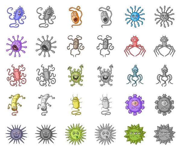 Tipos de micróbios engraçados desenhos animados, ícones monocromáticos na coleção de conjuntos para design. Ilustração patogênica da teia do estoque do símbolo do vetor dos micróbios . — Vetor de Stock