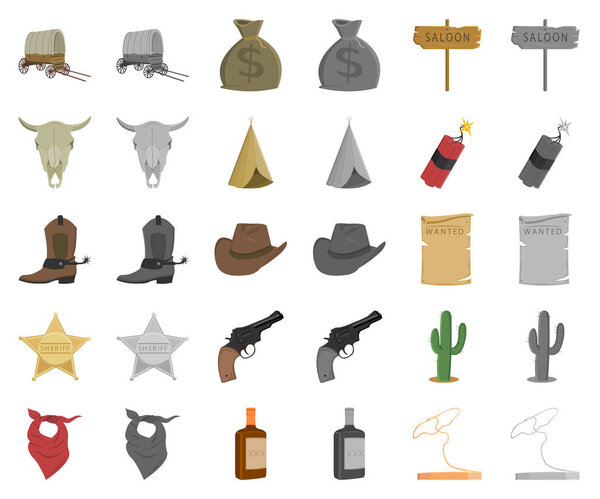 Attributes of the wild west cartoon,monochrom icons in set collection for design.Texas and America vector symbol stock web illustration.