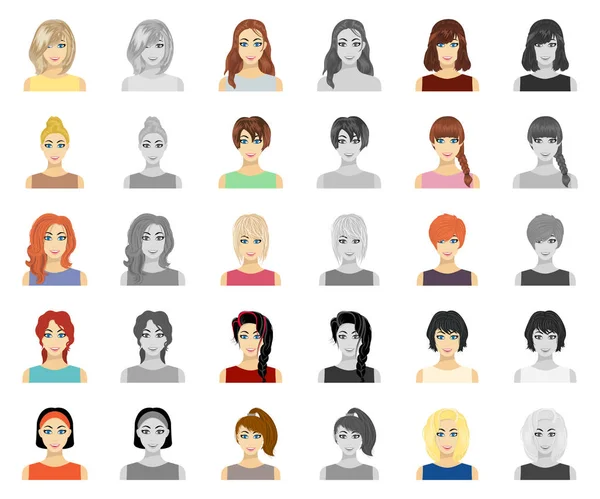 Tipos de peinados femeninos de dibujos animados, iconos monocromáticos en la colección de conjuntos para el diseño. Apariencia de una mujer vector símbolo stock web ilustración . — Vector de stock