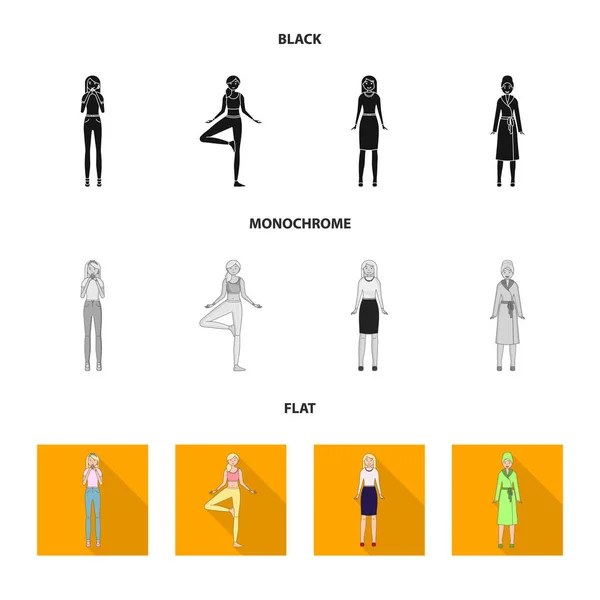 Oggetto isolato di postura e simbolo dell'umore. Raccolta di posture e illustrazione vettoriale femminile . — Vettoriale Stock