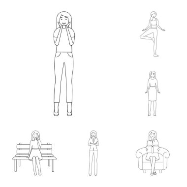Duruş ve ruh hali işareti vektör Illustration. Duruş ve hisse senedi için kadın vektör simge kümesi.