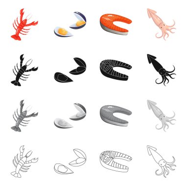 Taze vektör çizim ve Restoran oturum açın. Hisse senedi için taze ve deniz vektör simge topluluğu.