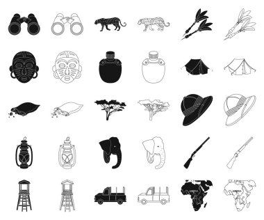 Afrika Safari siyah, set koleksiyonu tasarım için anahat simgeleri. Sembol stok web illüstrasyon vektör kupa ve Safari için donatım.