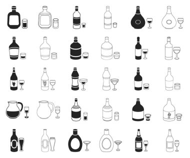 Tür alkol siyah, set koleksiyonu tasarım için anahat simgeleri. Alkol şişeleri vektör simge stok web çizimde.