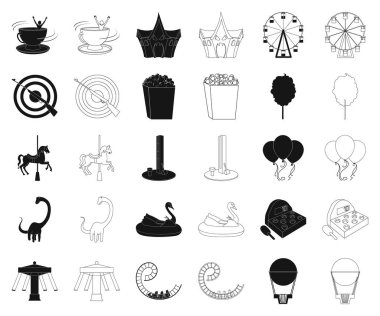 Eğlence Parkı siyah, set koleksiyonu tasarım için anahat simgeleri. Cihazları ve mekanlarına sembol stok web illüstrasyon vektör.