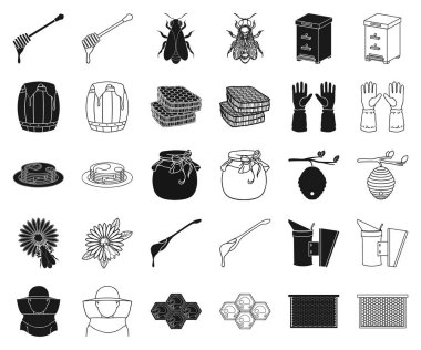 Arı kovanı ve arıcılık siyah, anahat simgeleri set koleksiyonu tasarım için. Ekipman ve bal üretim sembol stok web illüstrasyon vektör.