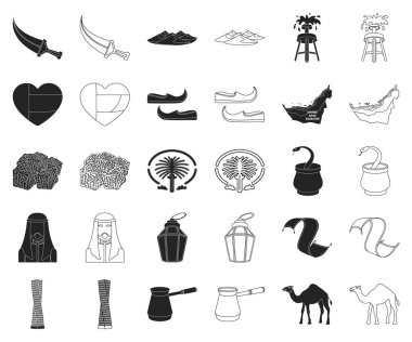 Ülke Birleşik Arap Emirlikleri siyah, set koleksiyonu tasarım için anahat simgeleri. Turizm ve cazibe simge stok web illüstrasyon vektör.