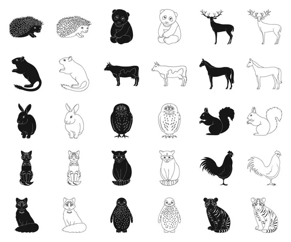 Animais realistas preto, ícones esboço na coleção de conjuntos para o design. Animais selvagens e domésticos símbolo vetorial ilustração web . —  Vetores de Stock